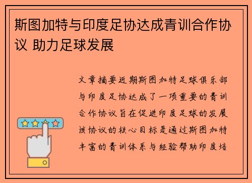 斯图加特与印度足协达成青训合作协议 助力足球发展